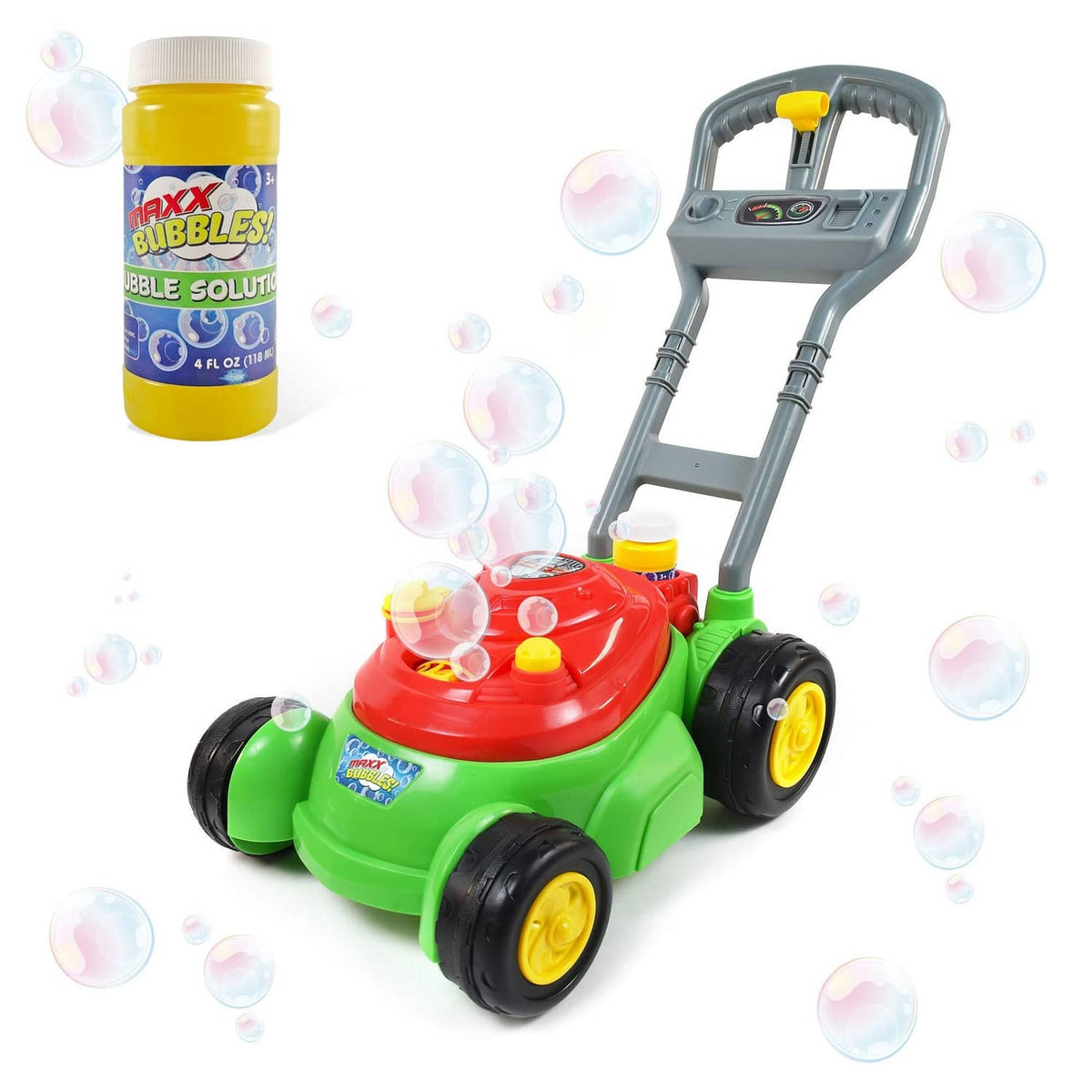 Bubble lawn mower toy with green body, red top, yellow wheels, and bubble bottle