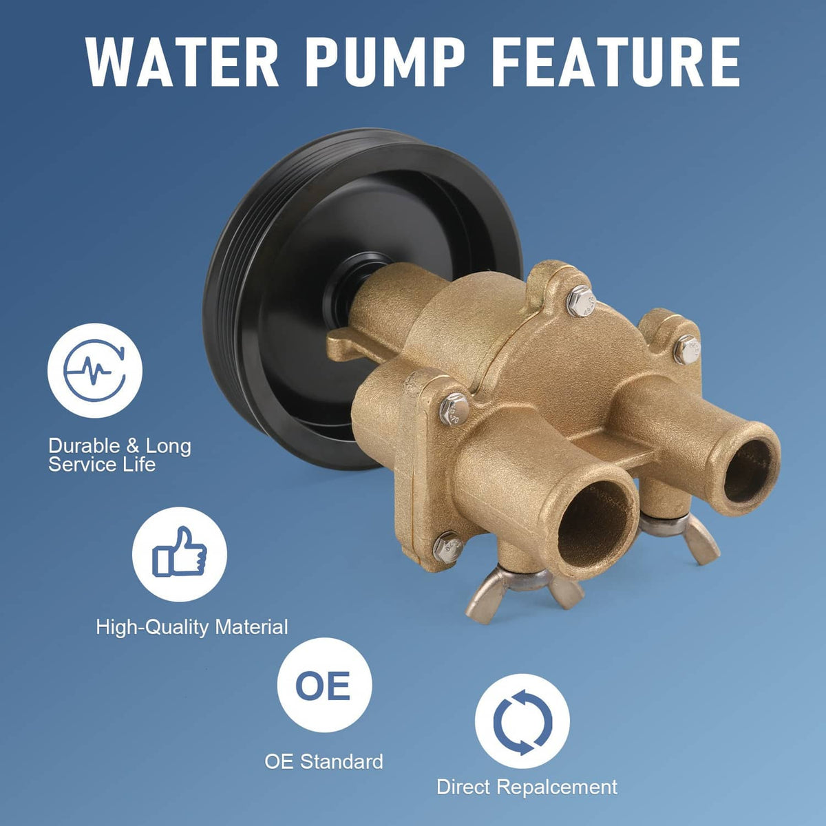 Raw water pump with brass housing and black pulley, front three-quarter view