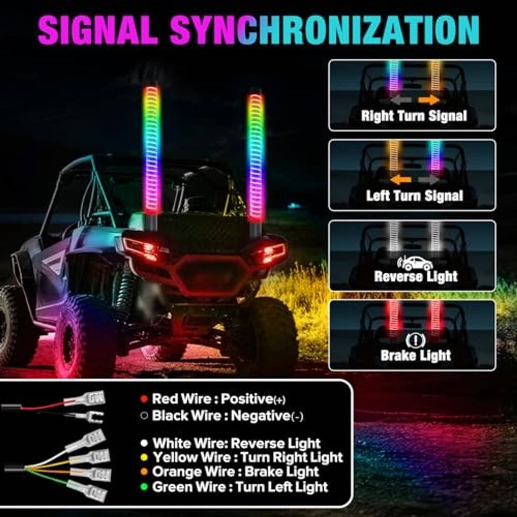 Two COB LED whip lights with signal-synced color effects