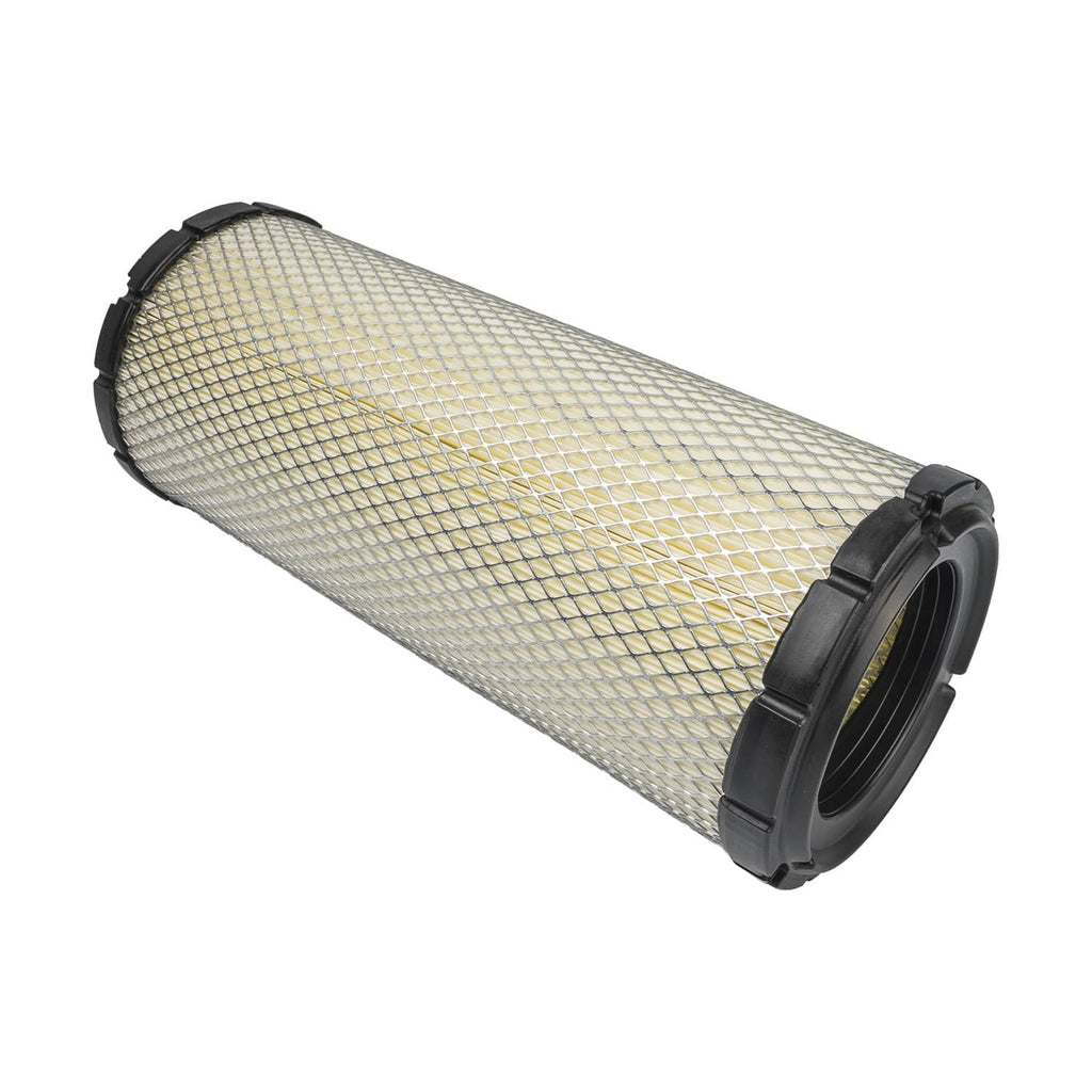 Cylindrical air filter with black end cap and pleated mesh media, angled