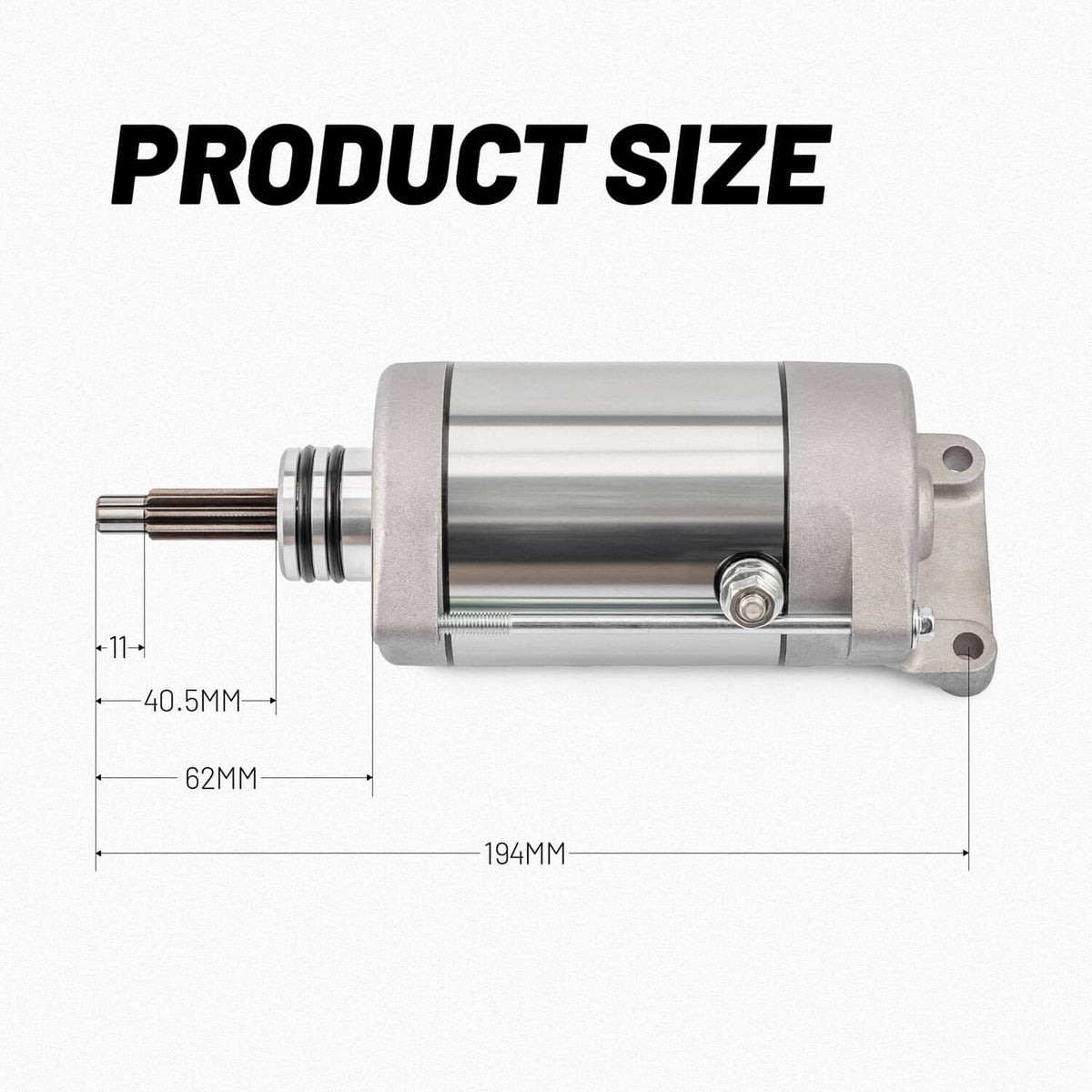 Starter motor showing general shape with measurement-style diagram overlay