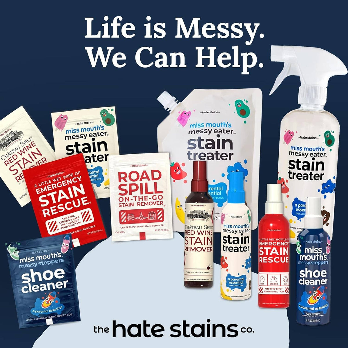 Assorted Miss Mouth's stain remover and stain treater products including spray bottles