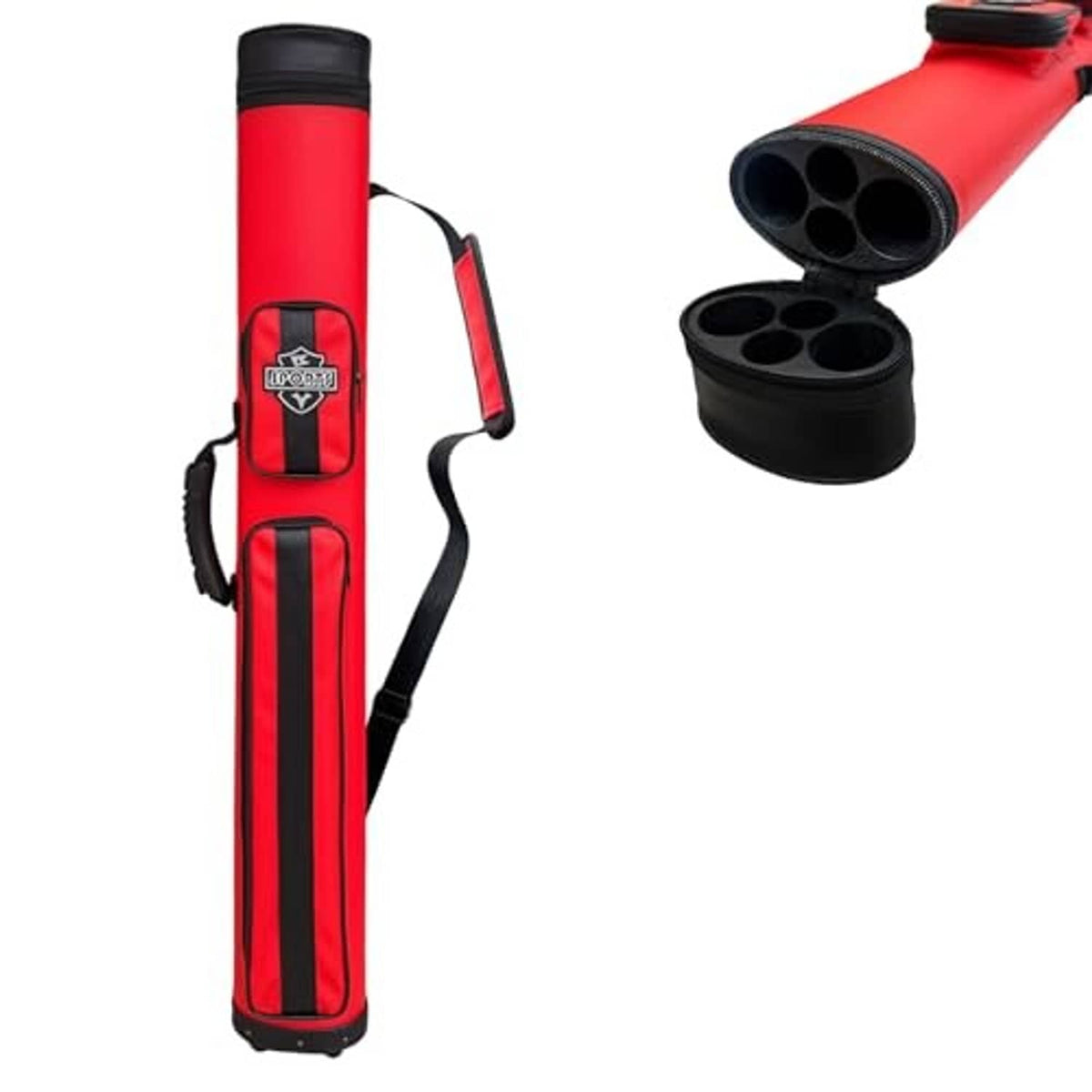Red hard-shell pool cue case open, showing four cue tube openings.