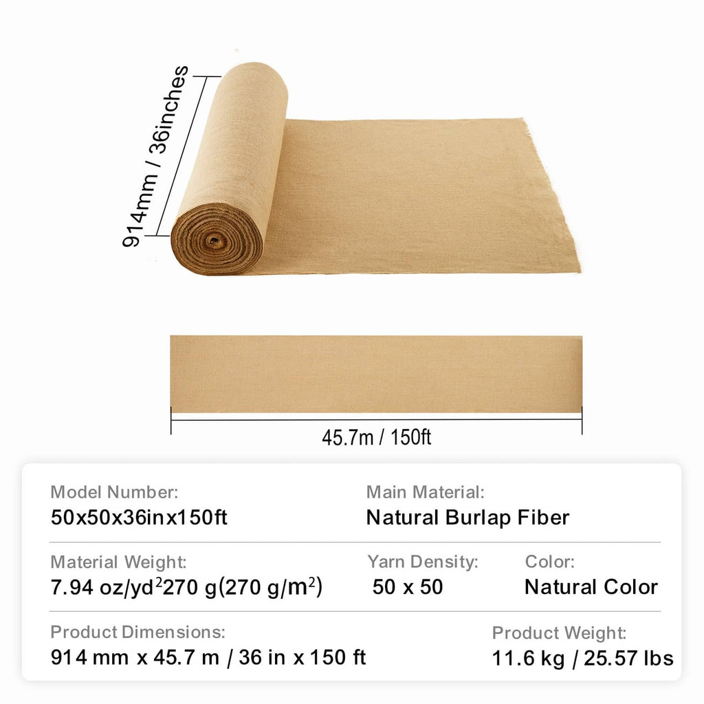 Natural burlap fabric roll with size diagram, 36 in x 150 ft roll