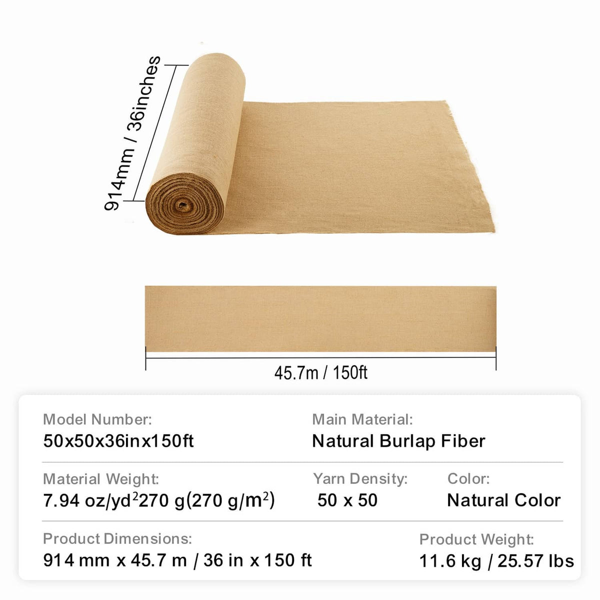 Natural burlap fabric roll with size diagram, 36 in x 150 ft roll