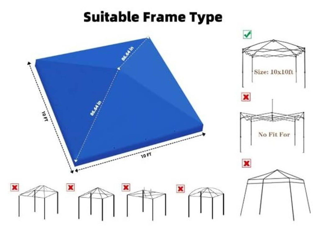Blue canopy replacement top laid flat with suitable frame type check marks