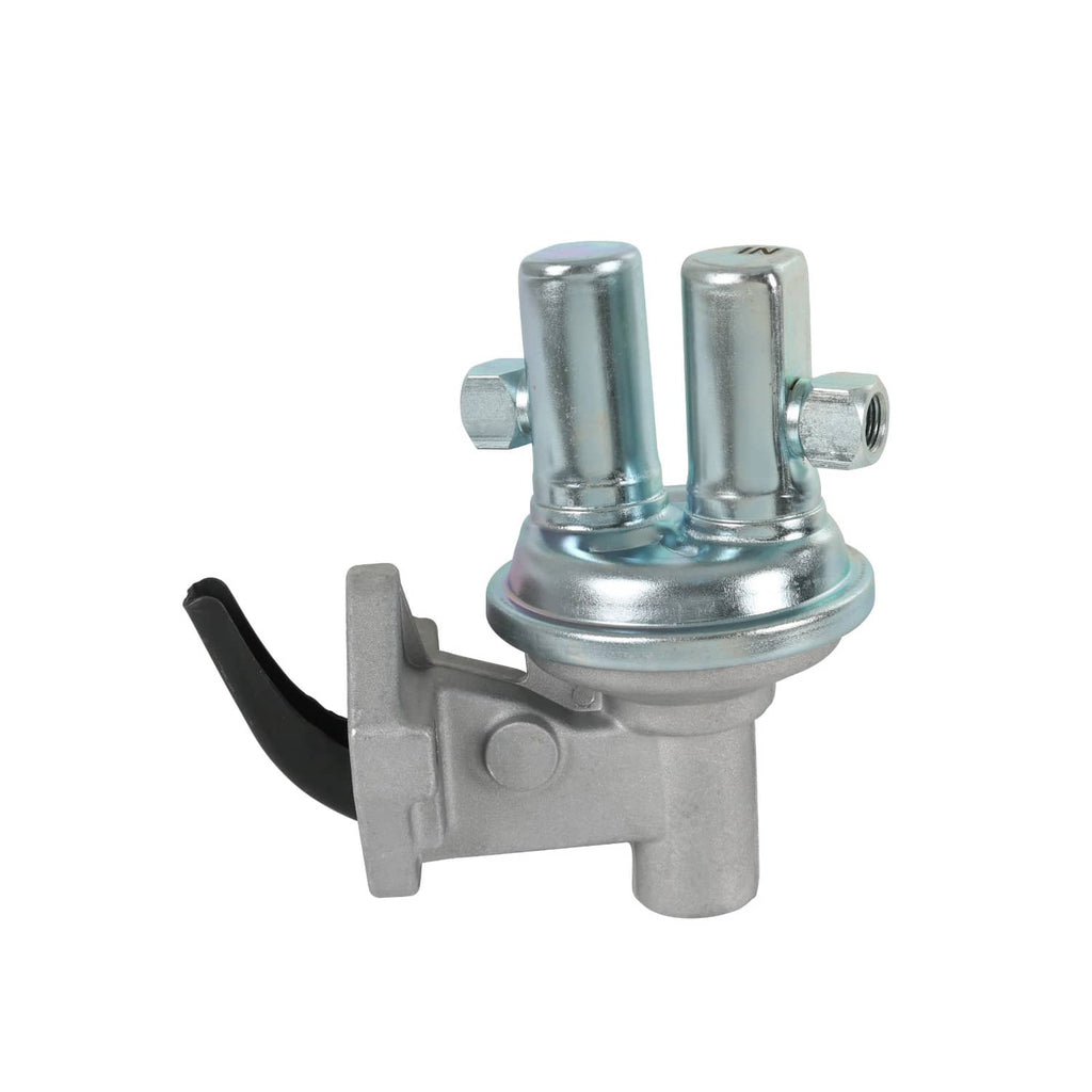 Fuel lift transfer pump with two top fittings and black lever, metal body, threaded ports
