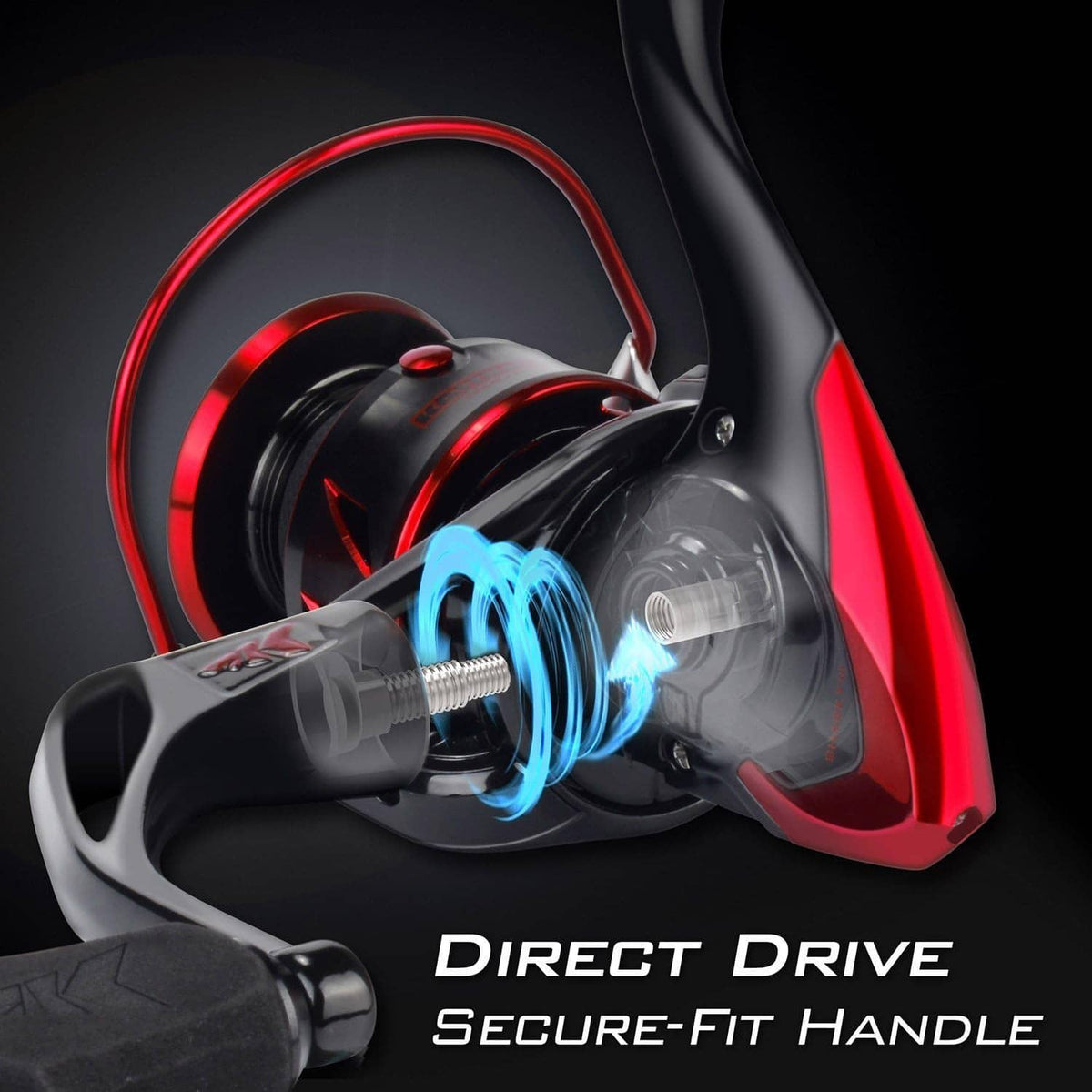 Spinning reel with red frame and direct-drive mechanism, close-up view
