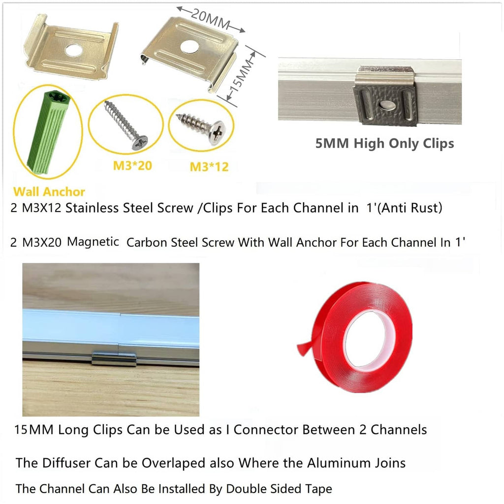 U-channel diffuser mounting clips, wall anchors, screws, and magnetic tape roll