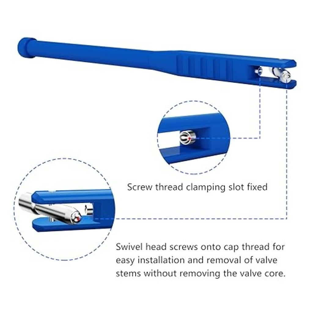 Blue tire valve tool with swivel head, screw clamp slot, and metal valve core tip