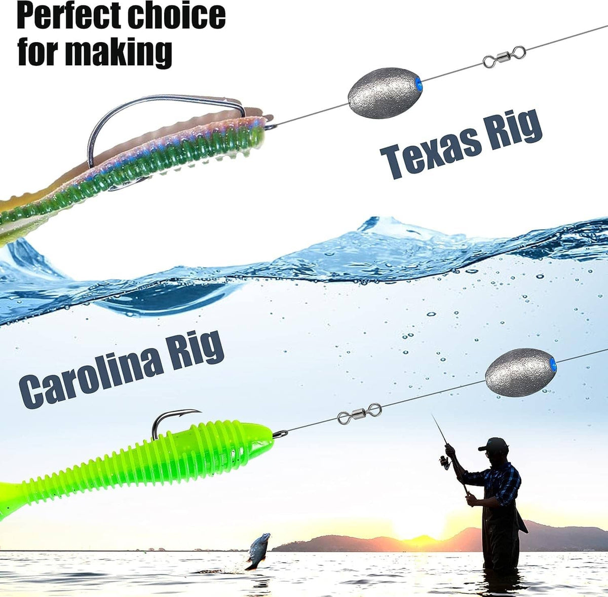 Egg fishing sinker weight on a fishing rig, gray silver oval with green line loop