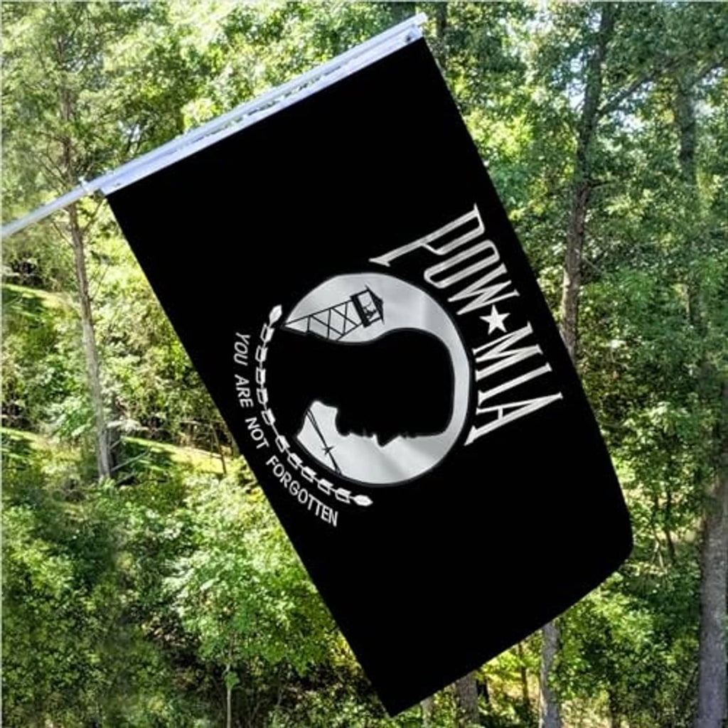 Embroidered POW-MIA polyester flag on pole, black with circular profile emblem