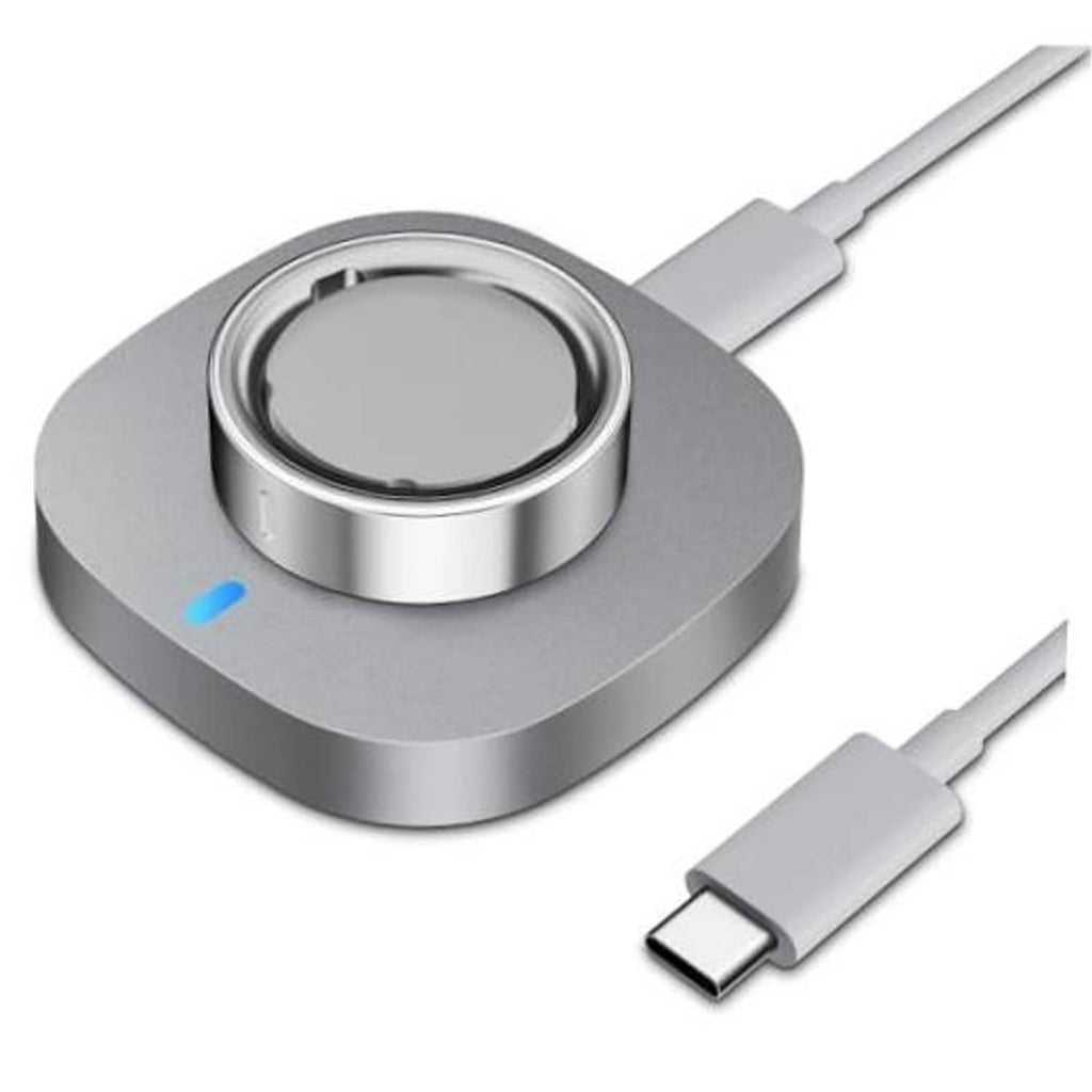 Gray charging dock base with circular metal ring cradle and USB cable