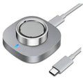 Gray charging dock base with circular metal ring cradle and USB cable