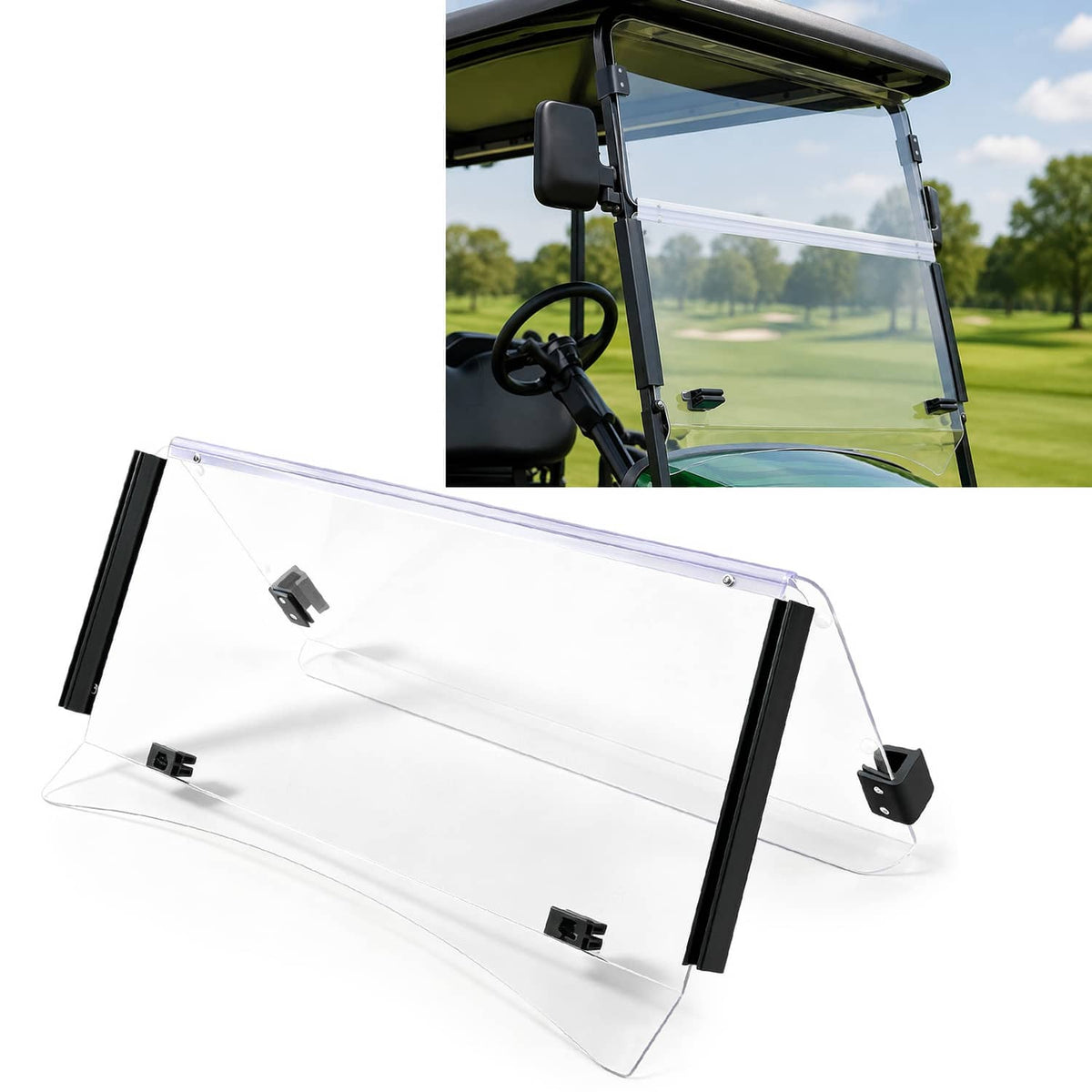 Clear folding golf cart windshield with black brackets, installed on cart