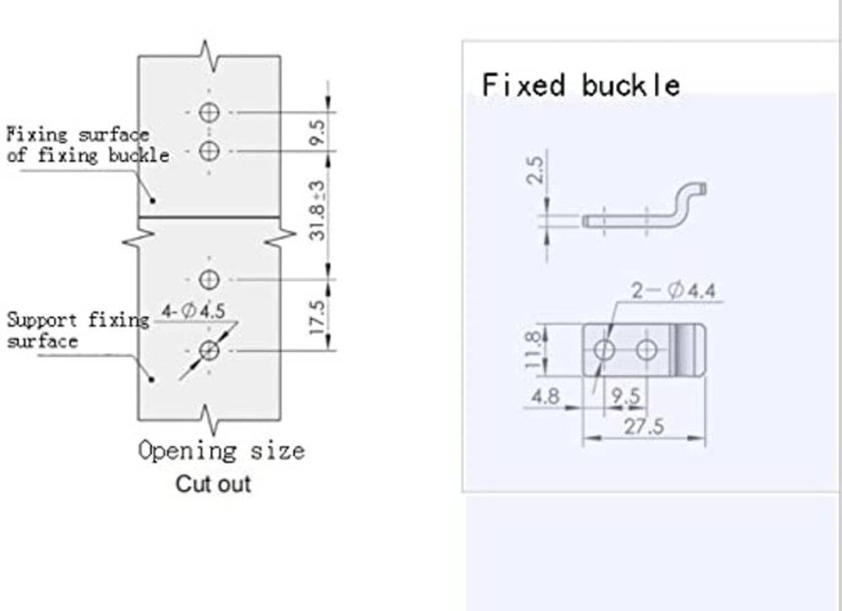 Latch bracket cutout and fixing surface dimension diagram with hole sizes