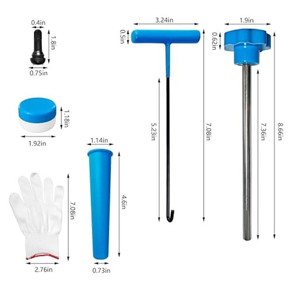 Tire valve core replacement tool size chart showing rod and handle dimensions