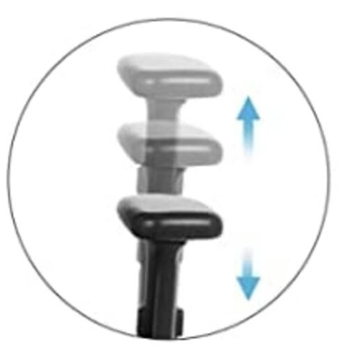Right chair armrest with height adjustment, showing blue up/down arrows, dark gray/black