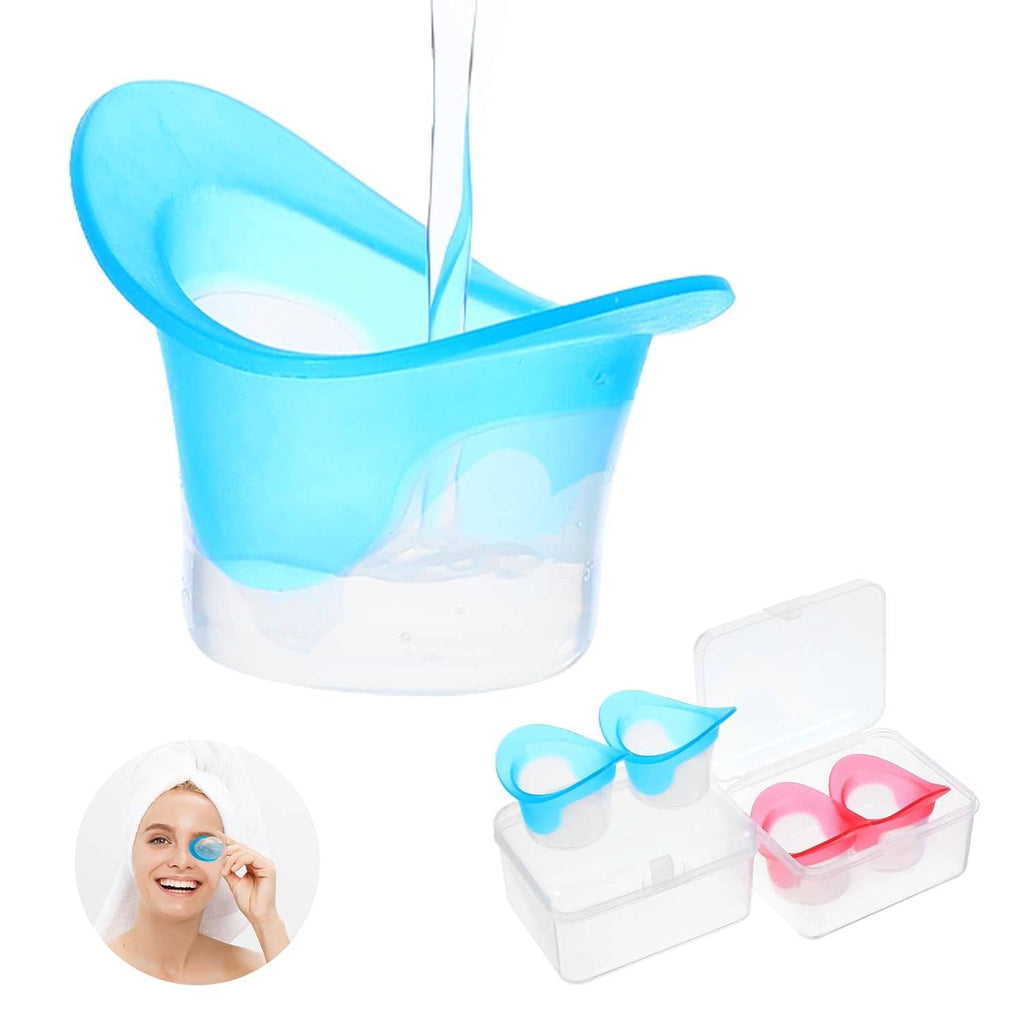 Blue suction eye wash cup being filled; includes clear storage boxes with pink and blue cups
