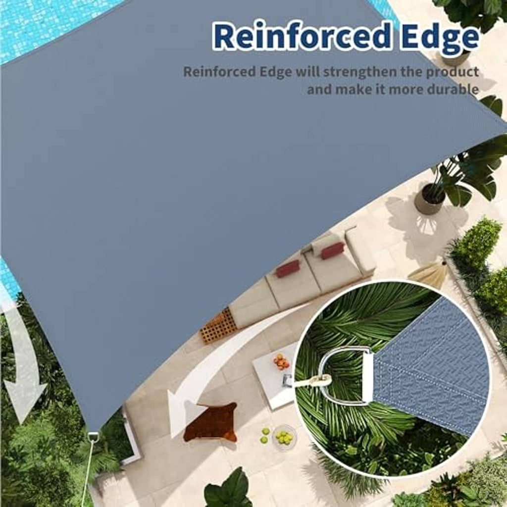 Dark grey rectangular shade sail with reinforced stitched edge at corners