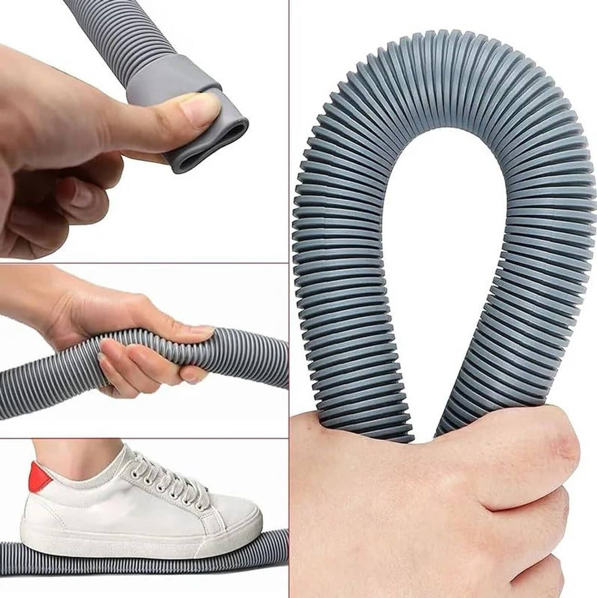 Gray flexible drain hose showing cut-to-size sections and curved U-bend shape