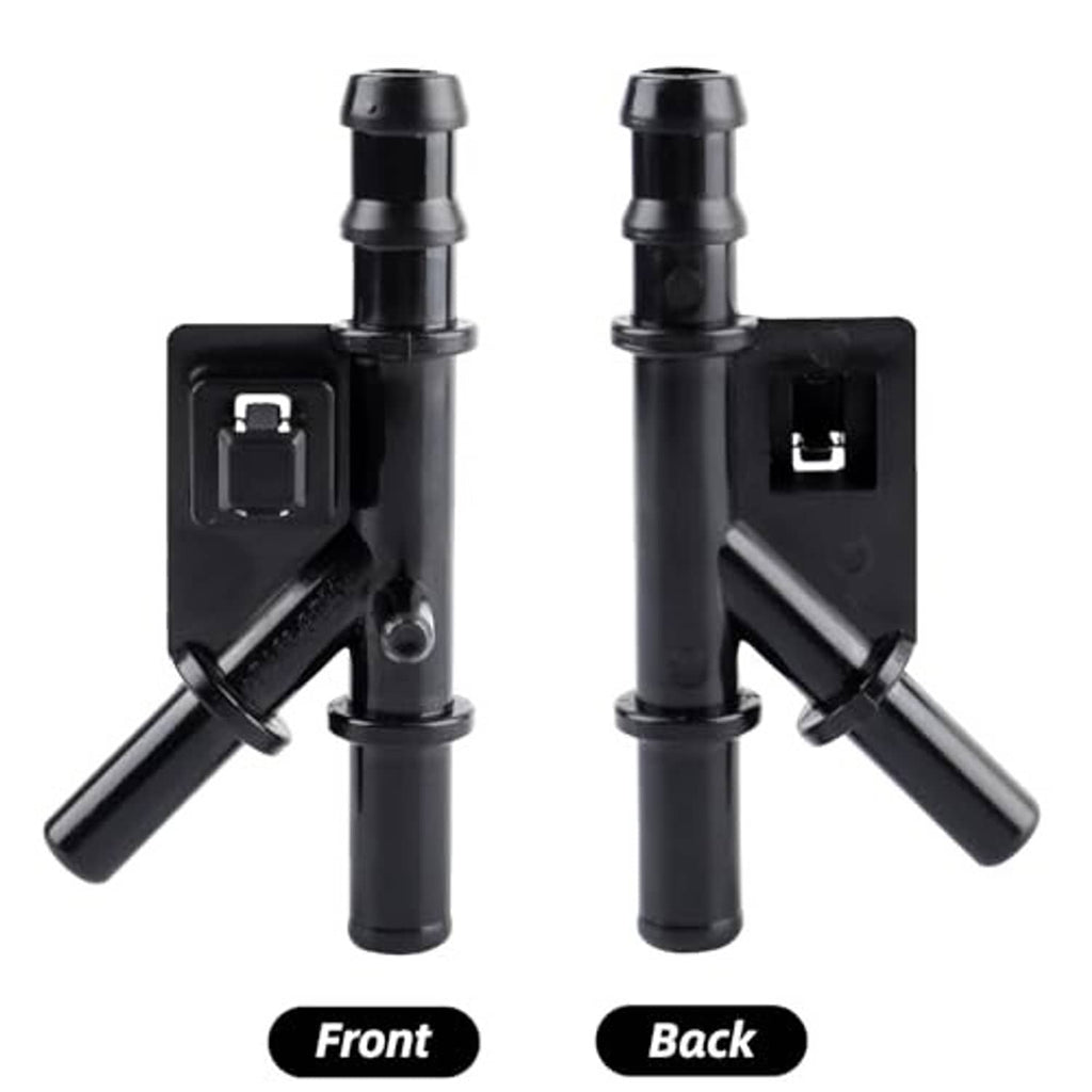 Black water pipe joint front and back views with hose barbs and connector ports