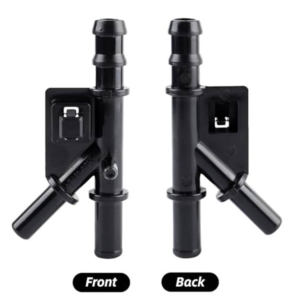 Black water pipe joint front and back views with hose barbs and connector ports