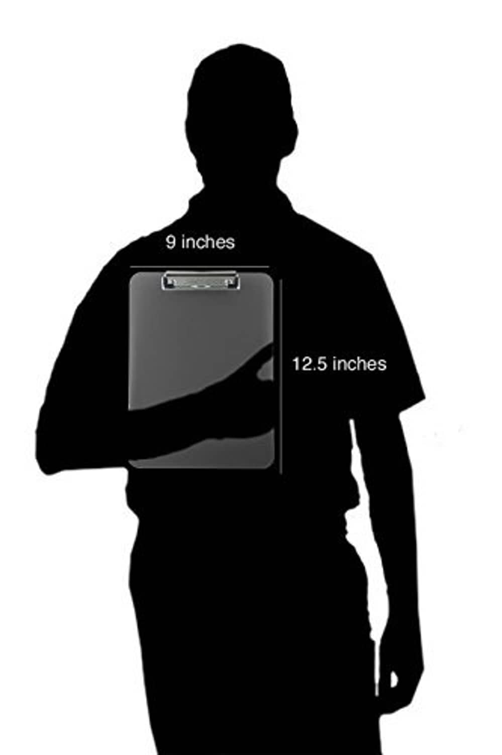 Letter-size clipboard shown on silhouette: 9 inches wide, 12.5 inches tall