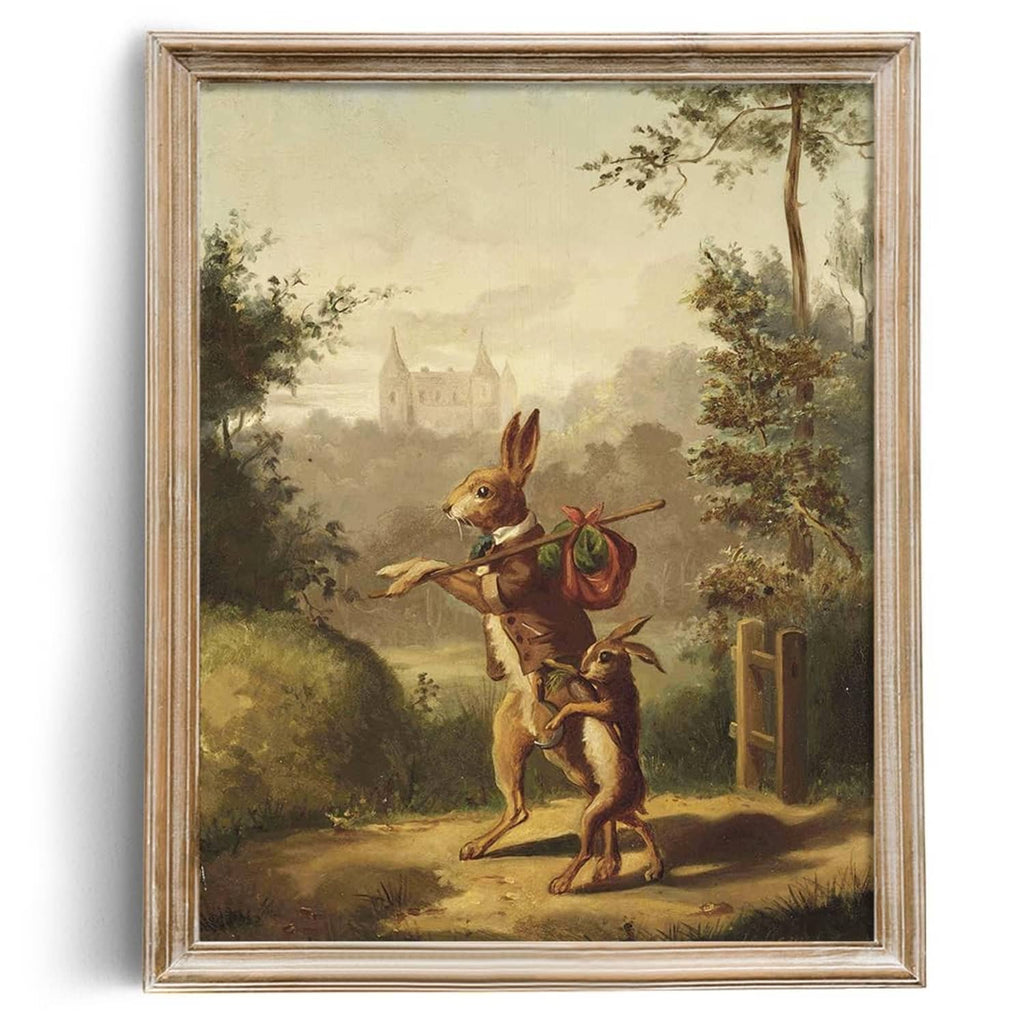 Framed vintage bunny wall art poster featuring two rabbits carrying a green bag outside