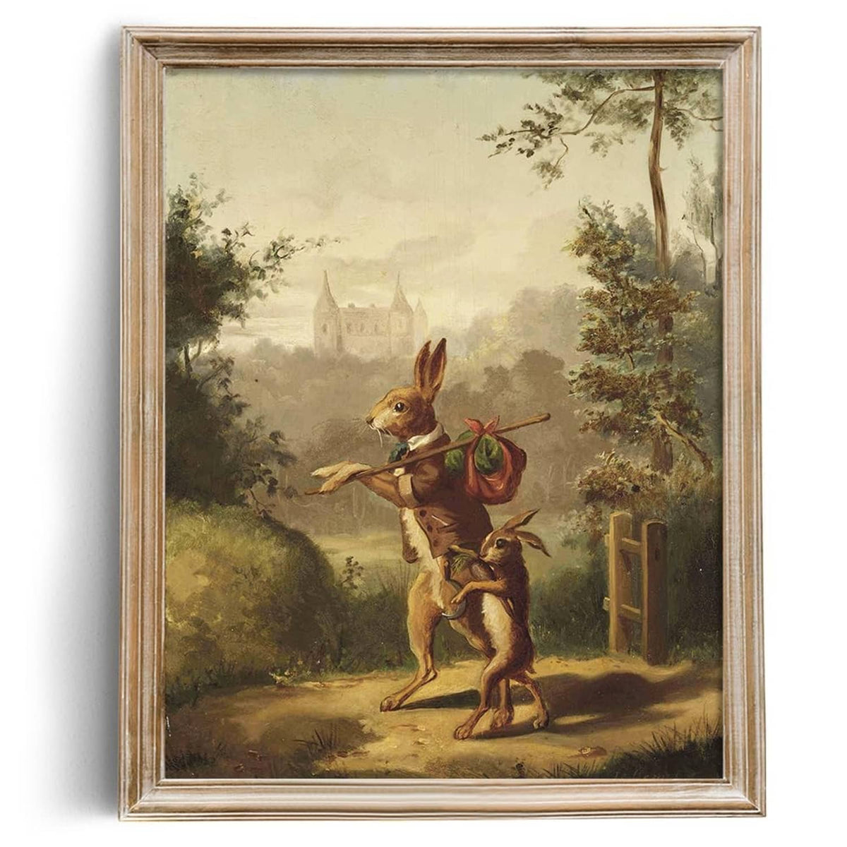 Framed vintage bunny wall art poster featuring two rabbits carrying a green bag outside