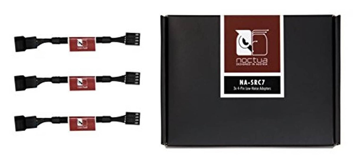 Black 4-pin PC fan adaptor cable set with low-noise module, cables and boxed label