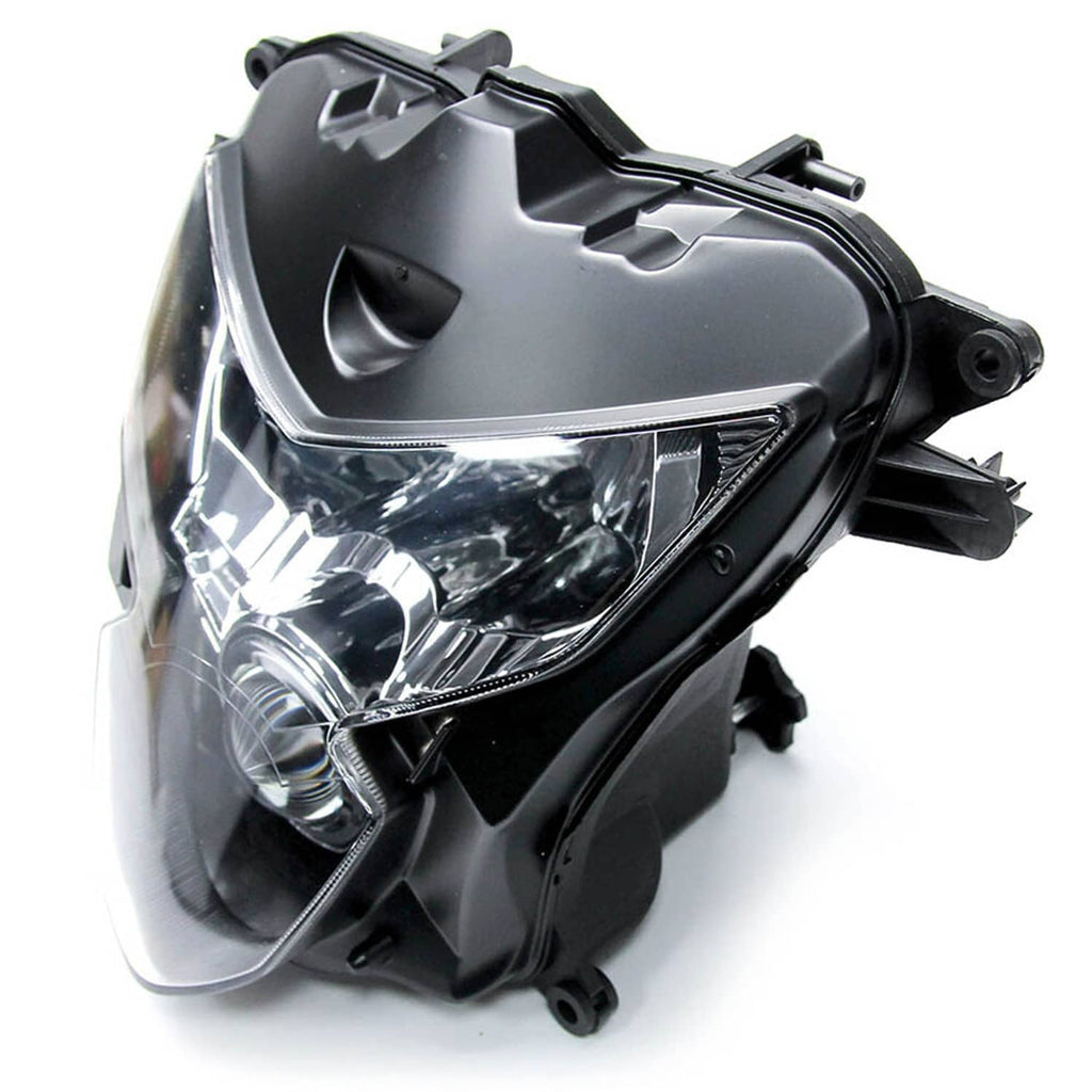 Motorcycle headlight assembly side view, black housing with clear lens and projector