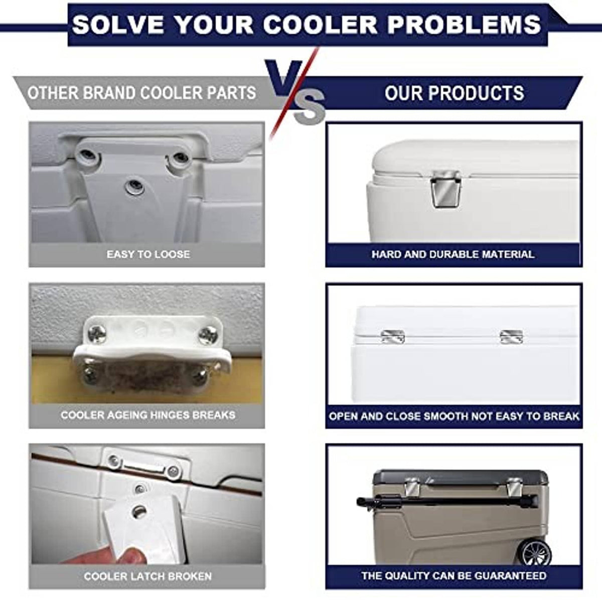 Stainless steel cooler hinge and latch kit shown on a cooler lid