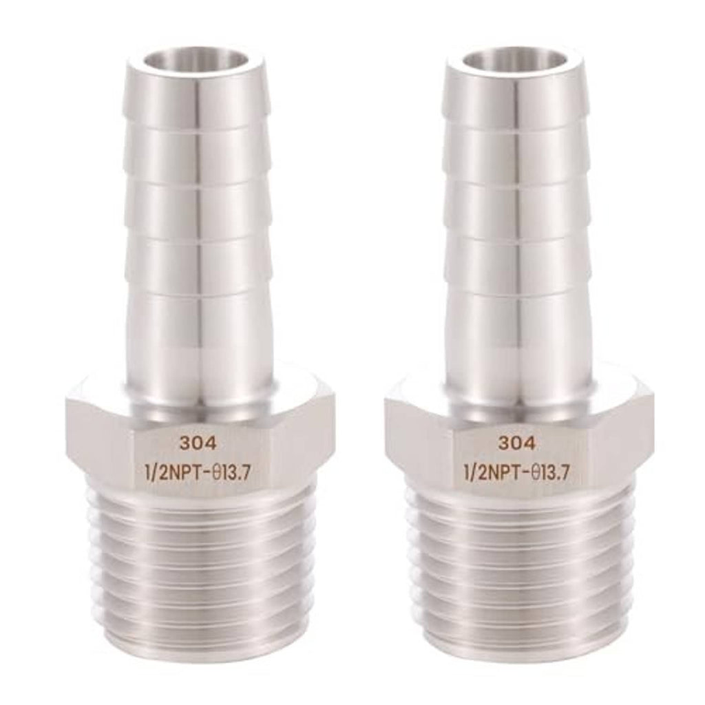Polished stainless steel hose barb to 1/2 in male NPT fitting, ribbed threaded body