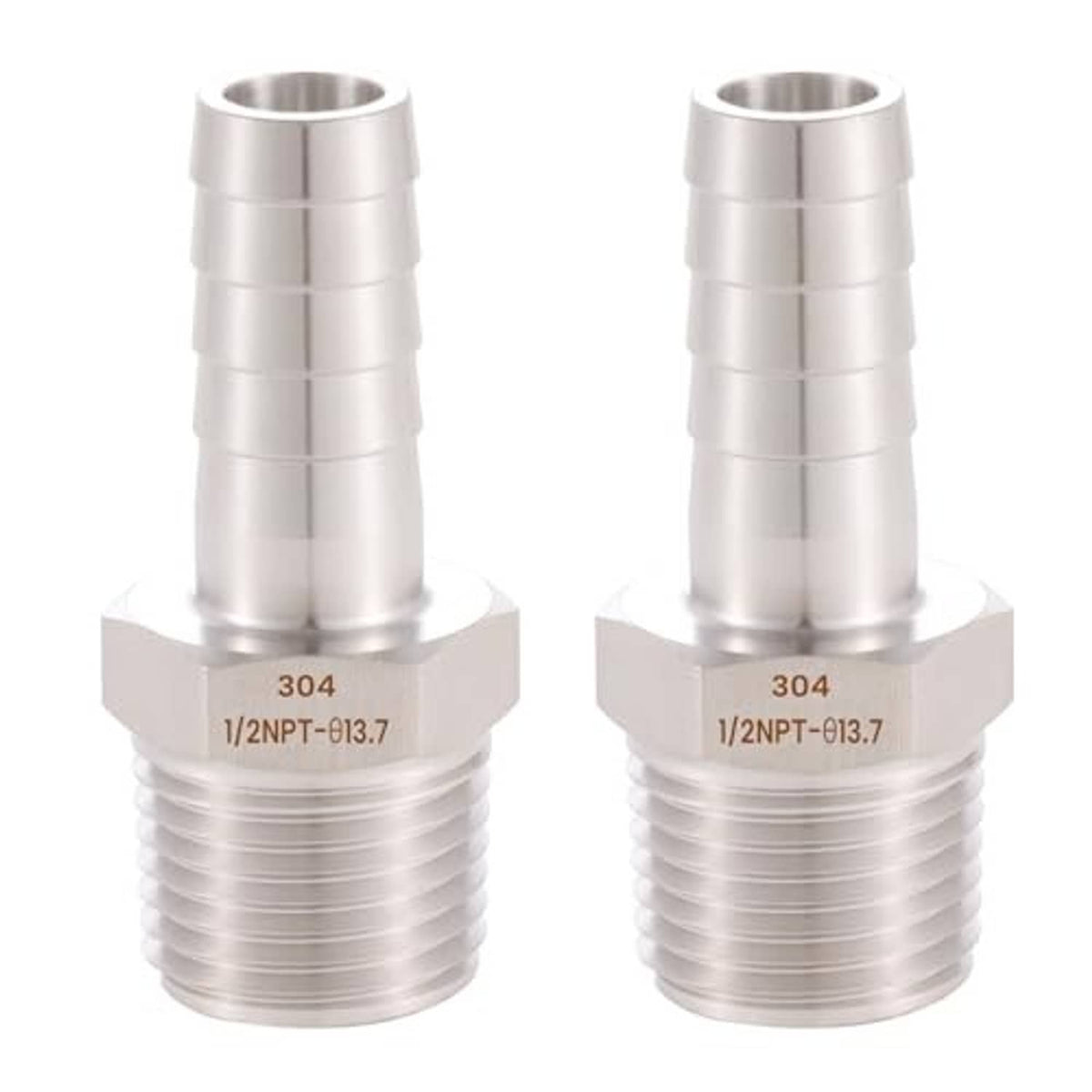 Polished stainless steel hose barb to 1/2 in male NPT fitting, ribbed threaded body
