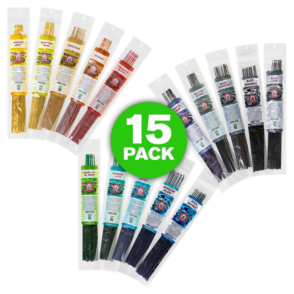 15-pack assortment of hand-dipped incense sticks bundled in clear sleeve packs