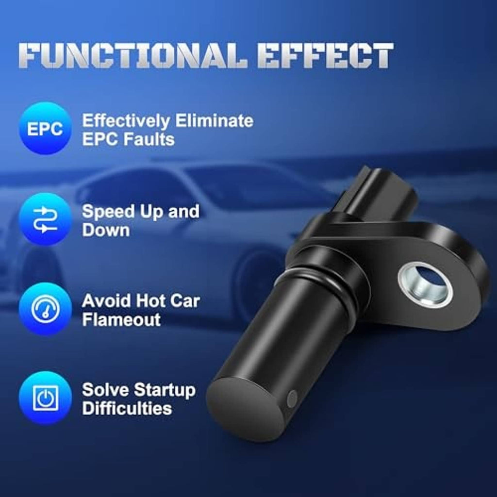 Angled black camshaft position sensor with round metal mounting plate