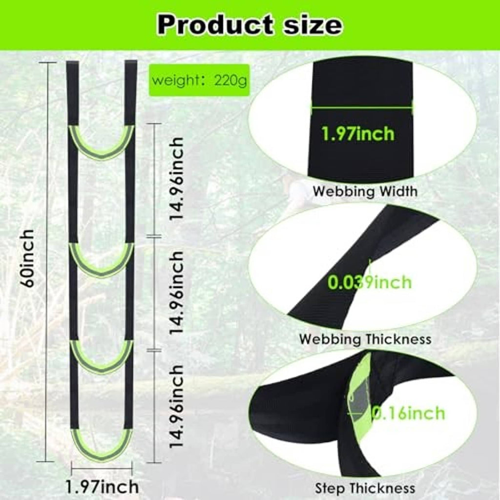 Climbing aider with black straps and neon-green padded step loops, shown with size diagram.