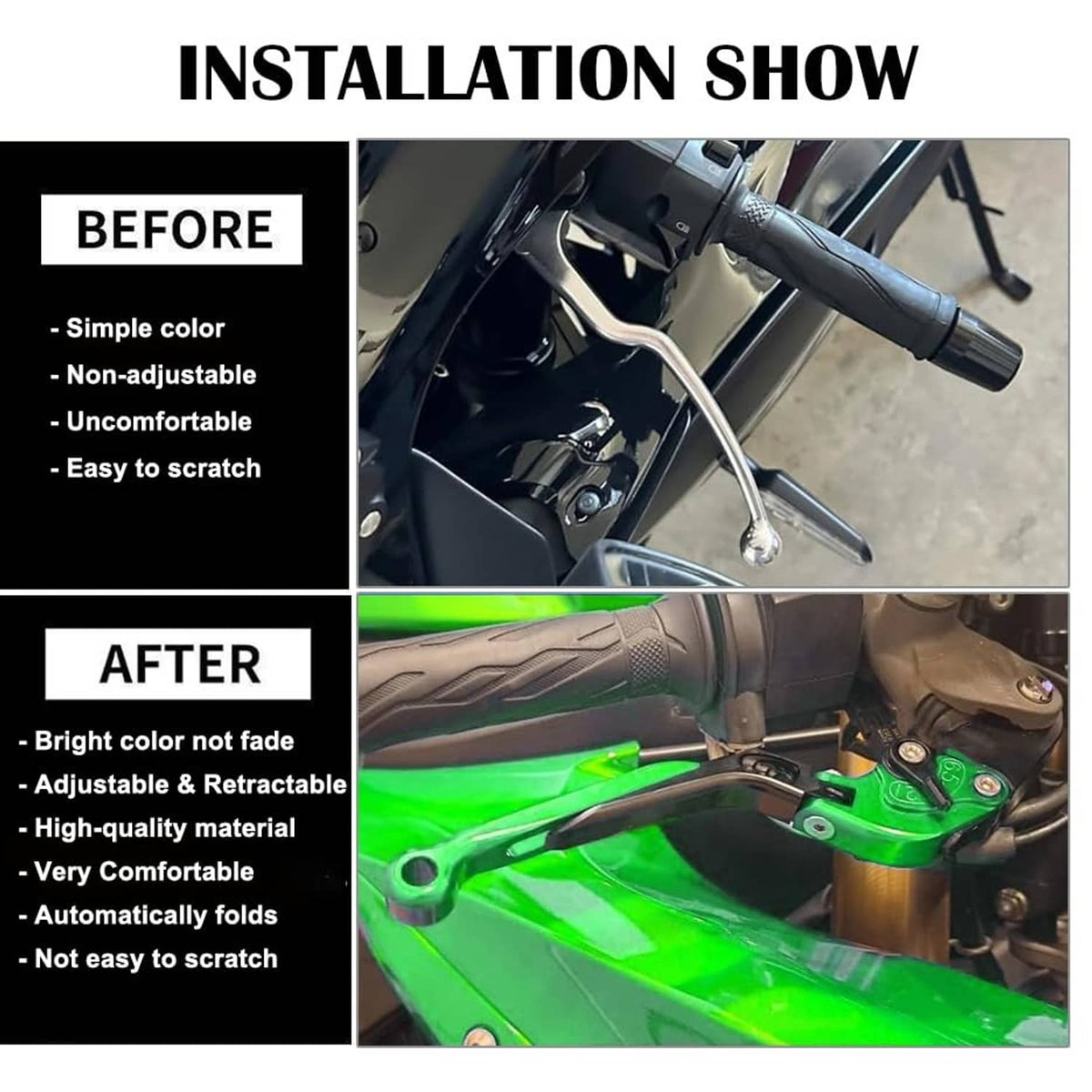 Green motorcycle lever installed on handlebar area, foldable and adjustable design
