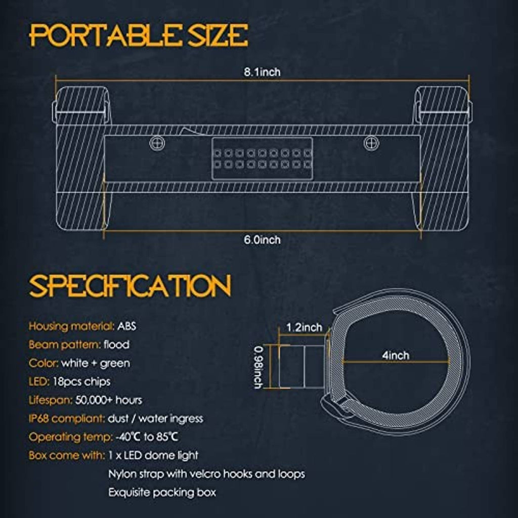 Universal UTV roll bar mount LED light, white and green chip array size diagram
