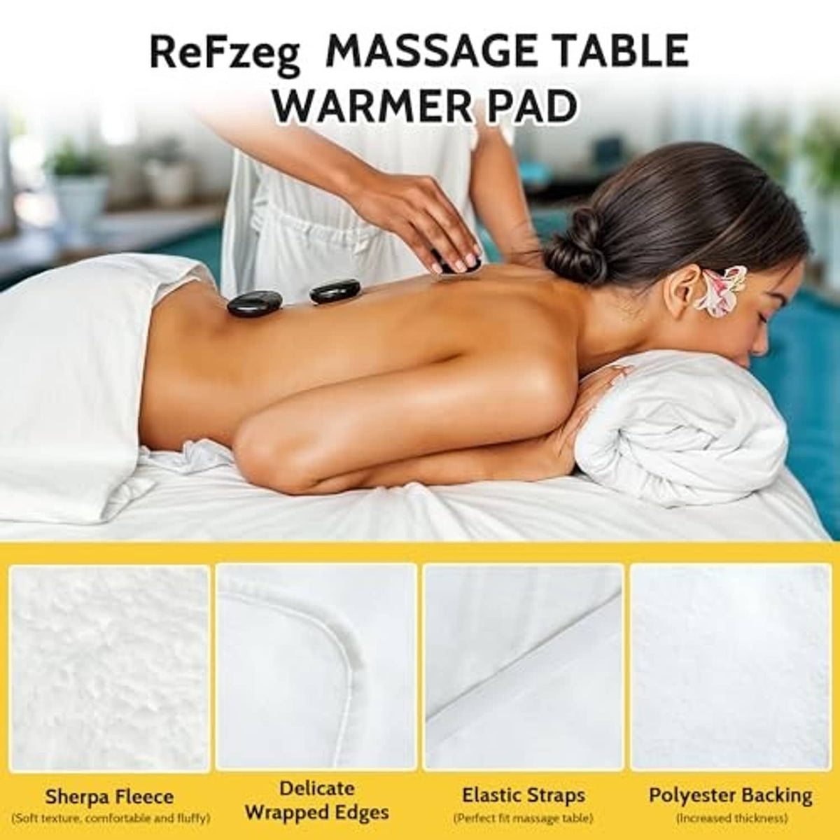 Massage table warmer pad with controller and sherpa fleece cover, elastic straps