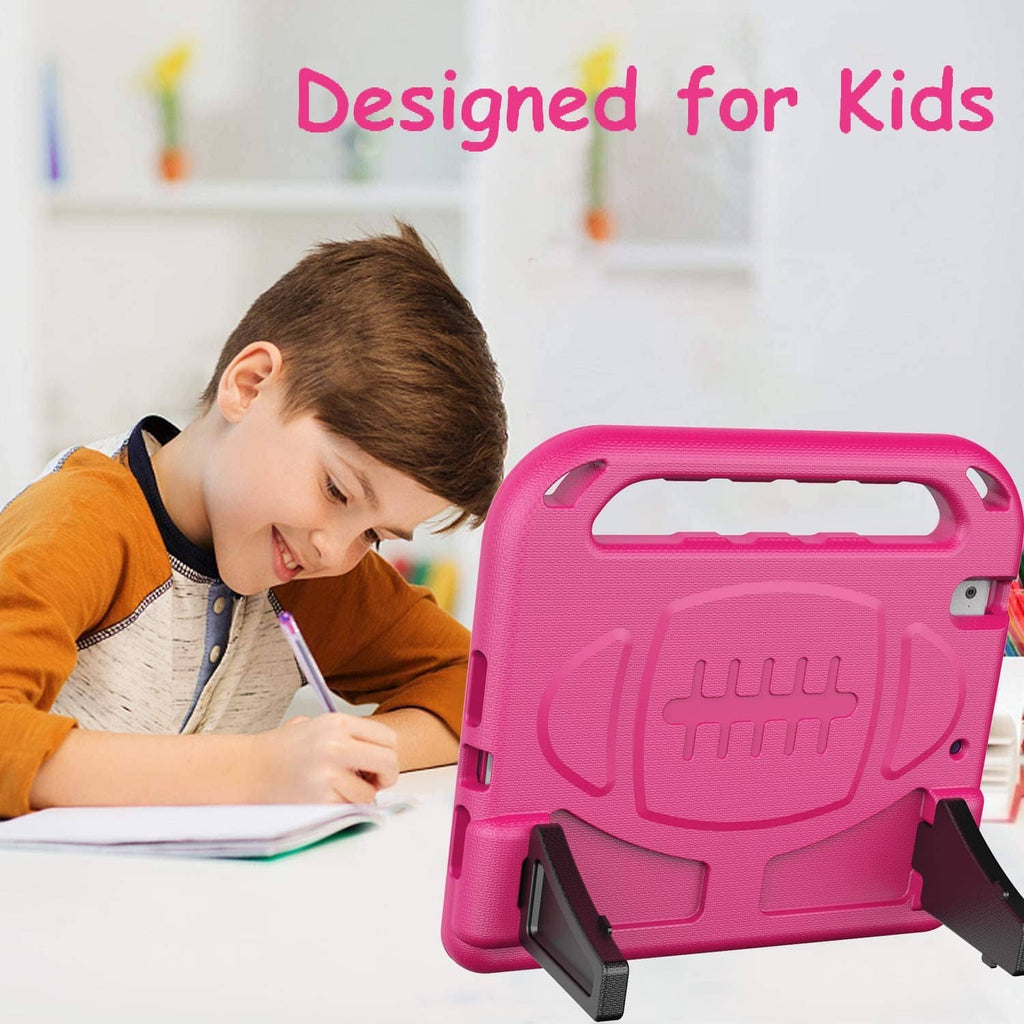 Pink kids iPad case on tablet used by a child at a desk