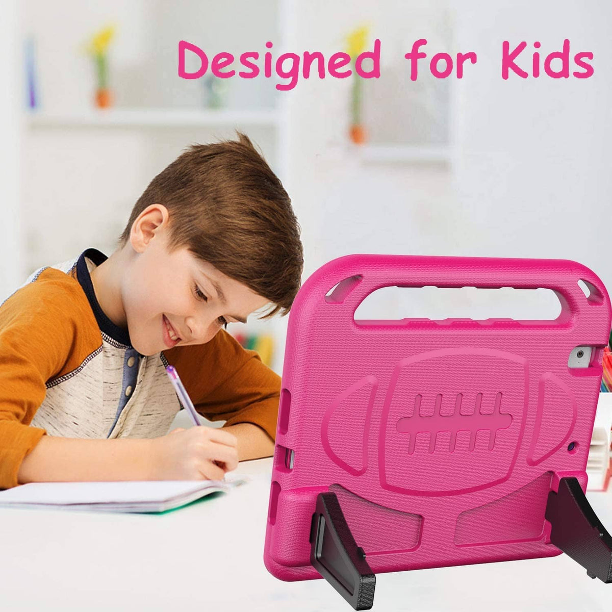 Pink kids iPad case on tablet used by a child at a desk