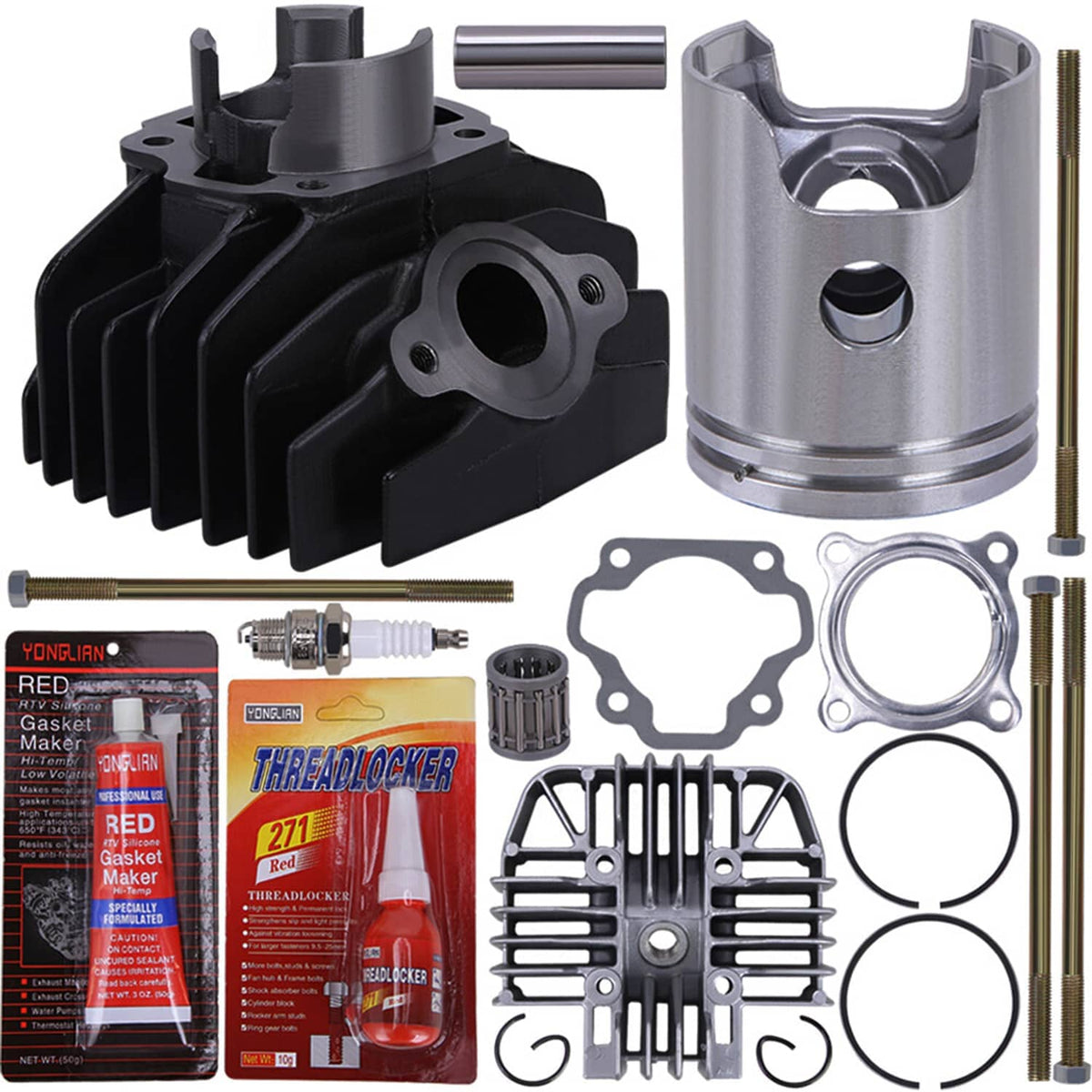 Cylinder piston gasket set kit with black cylinder, silver piston, gasket, spark plug, and bolts