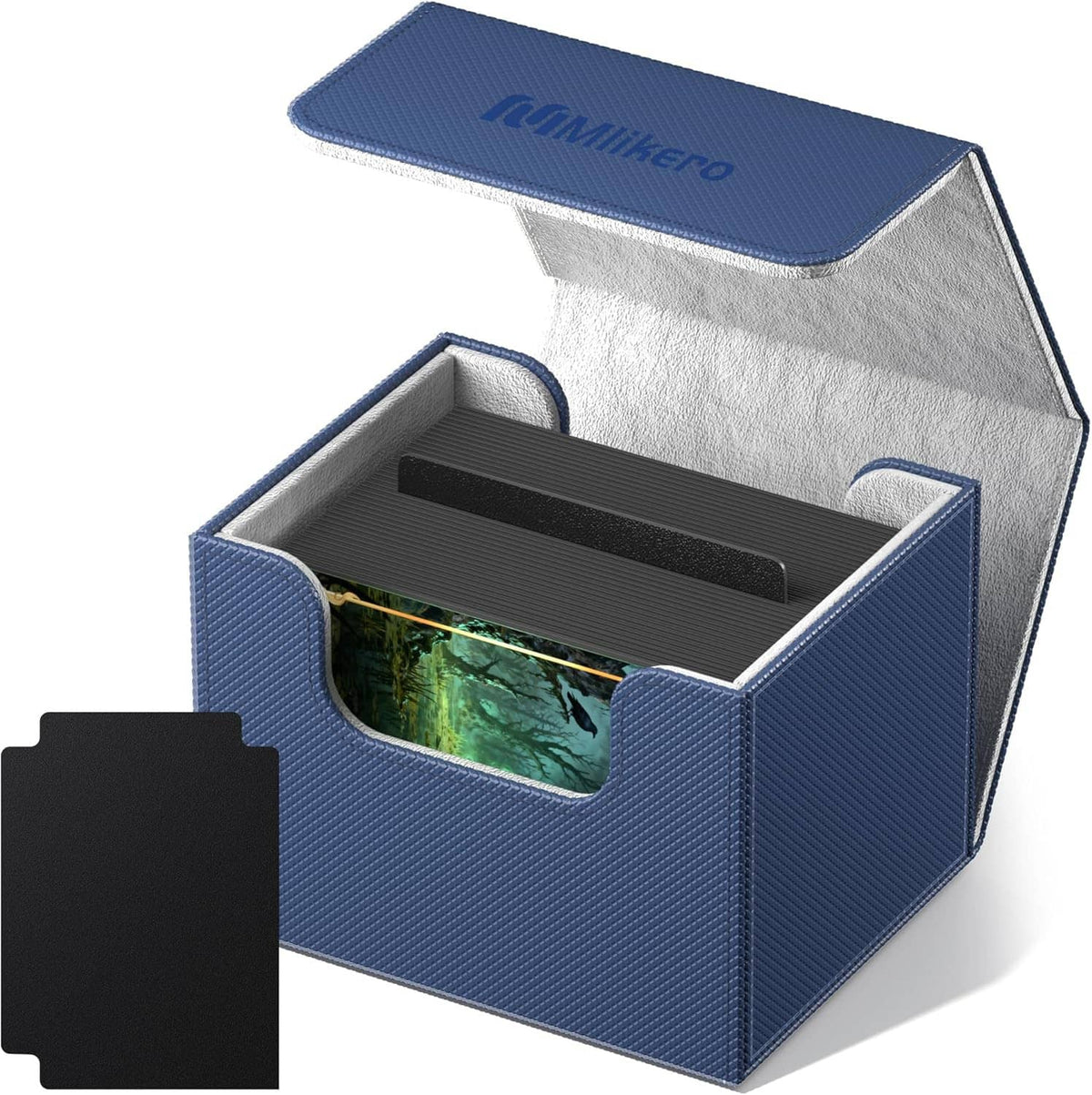 Blue card deck box open with dark divider and card compartments