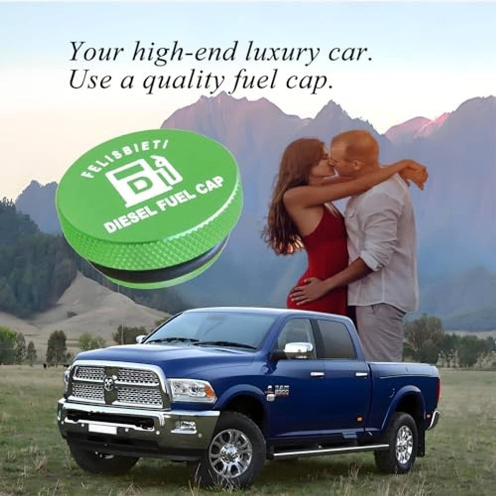 Green diesel fuel cap on background vehicle, oval top with textured grip side
