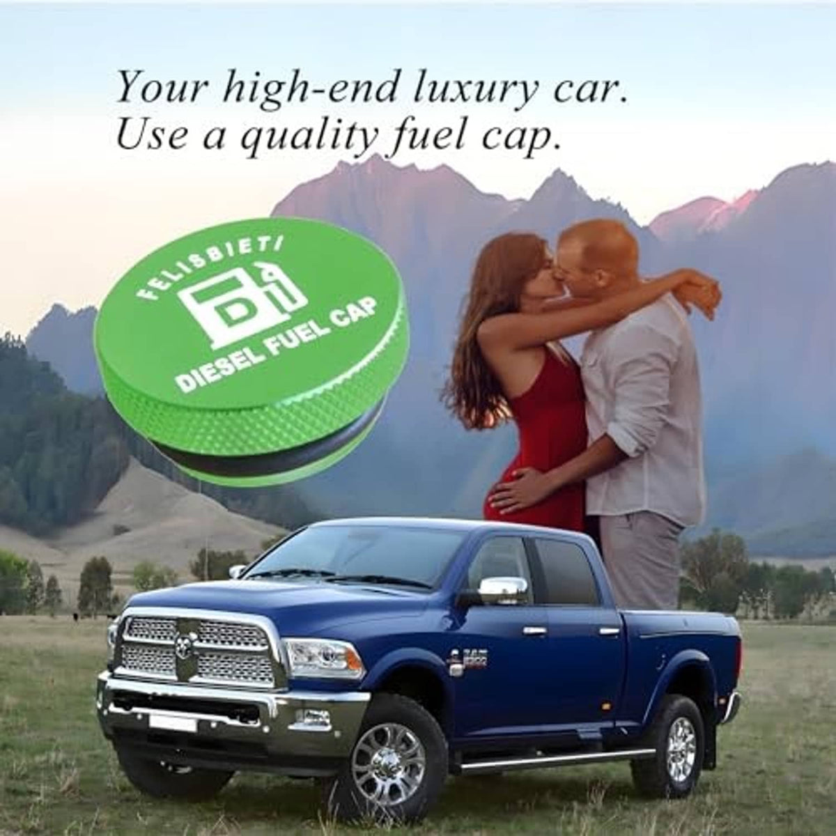 Green diesel fuel cap on background vehicle, oval top with textured grip side