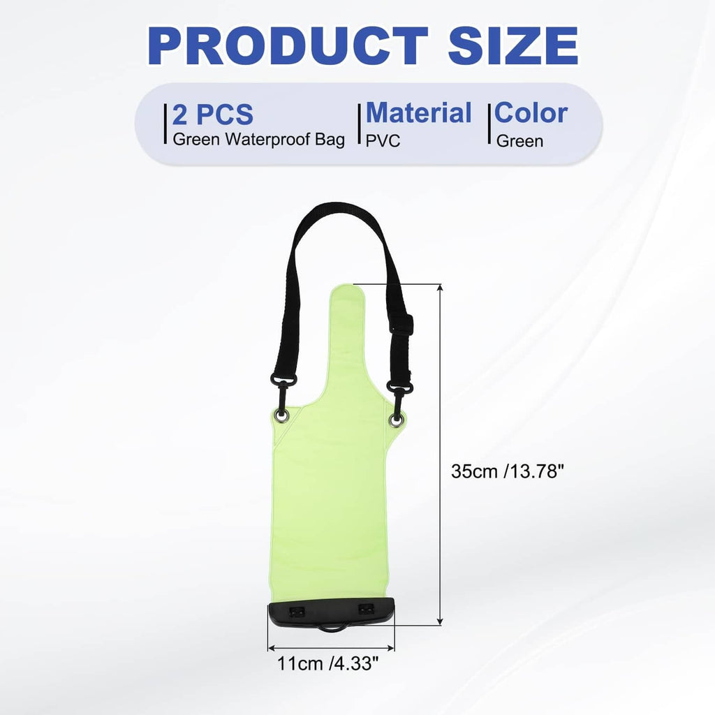 Green waterproof PVC walkie talkie bag with black shoulder straps and metal grommets