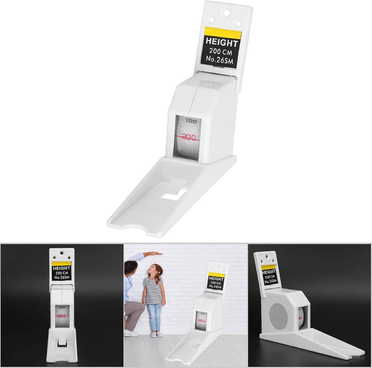 Retractable wall-mounted height meter with 200 cm scale display and base