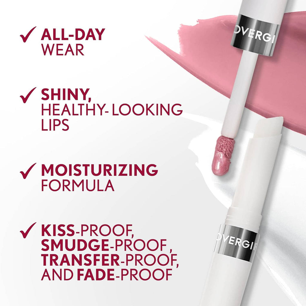 Mauve lip gloss swatch with doe-foot applicator and three lip color tubes